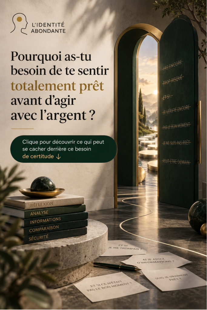 Illustration du besoin de certitude avant d’agir avec l’argent : une porte entrouverte vers un chemin lumineux entourée de pensées de doute, symbolisant la peur de prendre une décision financière sans se sentir totalement prêt.