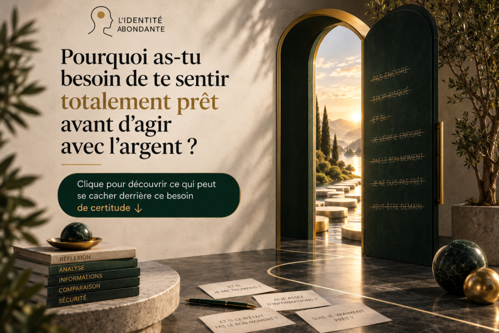 Illustration du besoin de certitude avant d’agir avec l’argent, avec une porte ouverte vers un chemin lumineux et plusieurs pensées d’hésitation liées à la peur de prendre une décision financière.