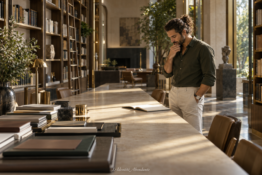 Homme méditerranéen aux cheveux longs attachés face à des dossiers et carnets dans une bibliothèque, symbolisant la surcharge