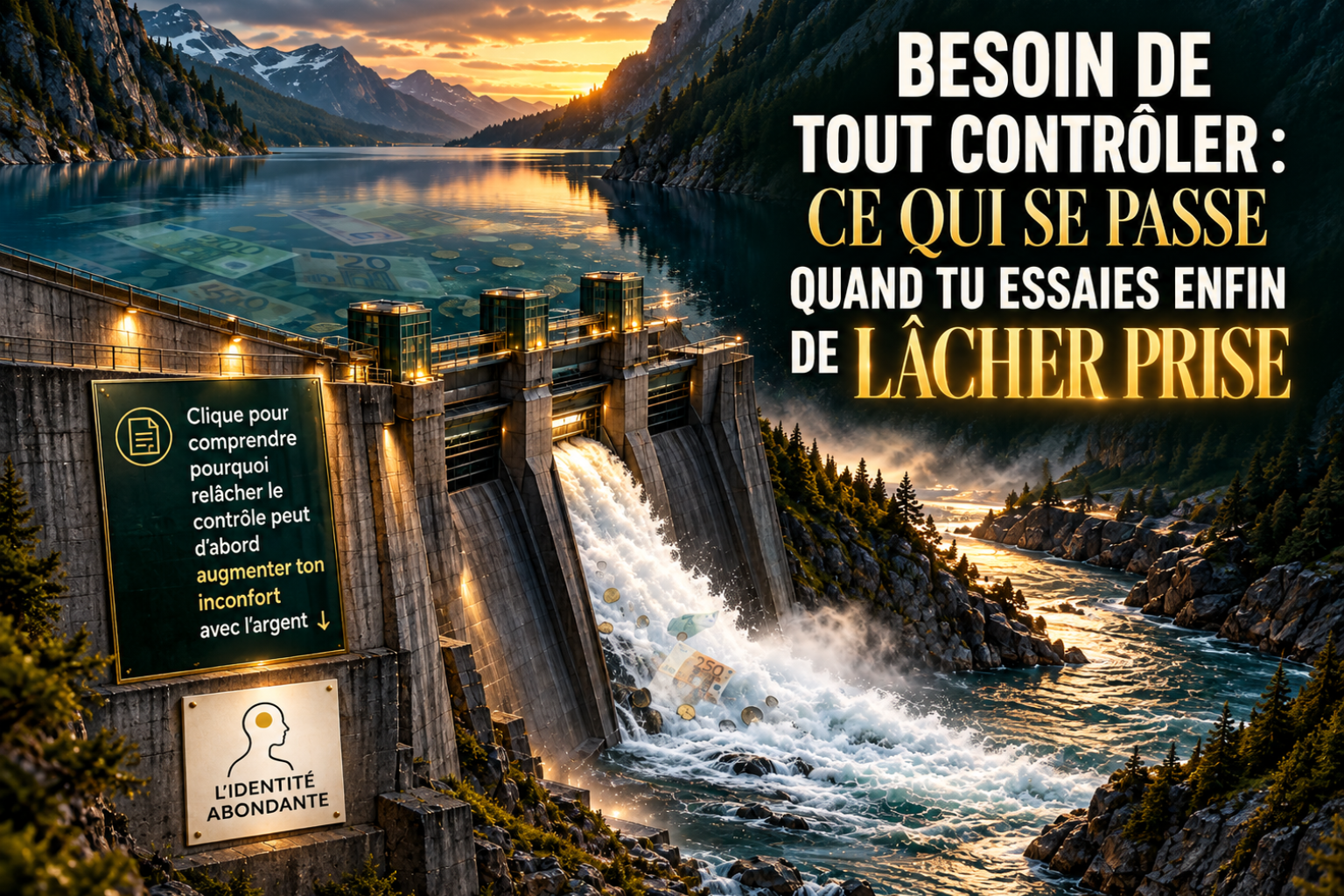 Barrage retenant une grande étendue d’eau dans un paysage de montagne, avec l’argent représenté symboliquement derrière la retenue et l’eau libérée en aval, illustrant le besoin de tout contrôler, le lâcher-prise et la recherche de sécurité intérieure face à l’argent.
