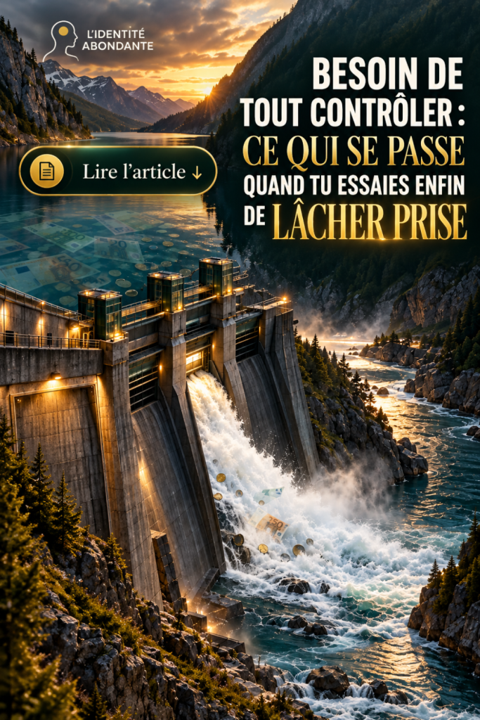 Barrage dans un paysage montagneux, avec des billets et des pièces visibles dans l’eau du lac en amont, puis emportés par l’eau libérée en aval, métaphore du besoin de tout contrôler, du lâcher-prise et du rapport à l’argent.