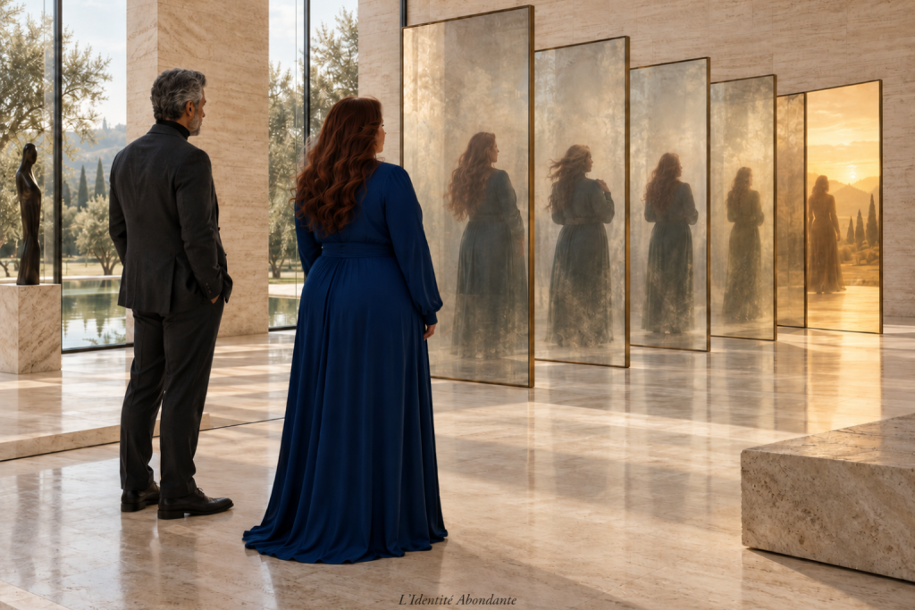 Femme et homme face à plusieurs passages symbolisant les peurs et conséquences imaginées avant une décision financière.