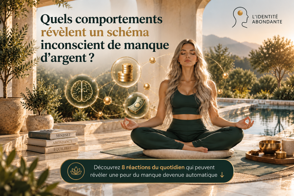 Femme en méditation au bord d’une piscine, entourée de symboles liés à l’argent et au subconscient, illustrant les comportements révélateurs d’un schéma inconscient de manque.