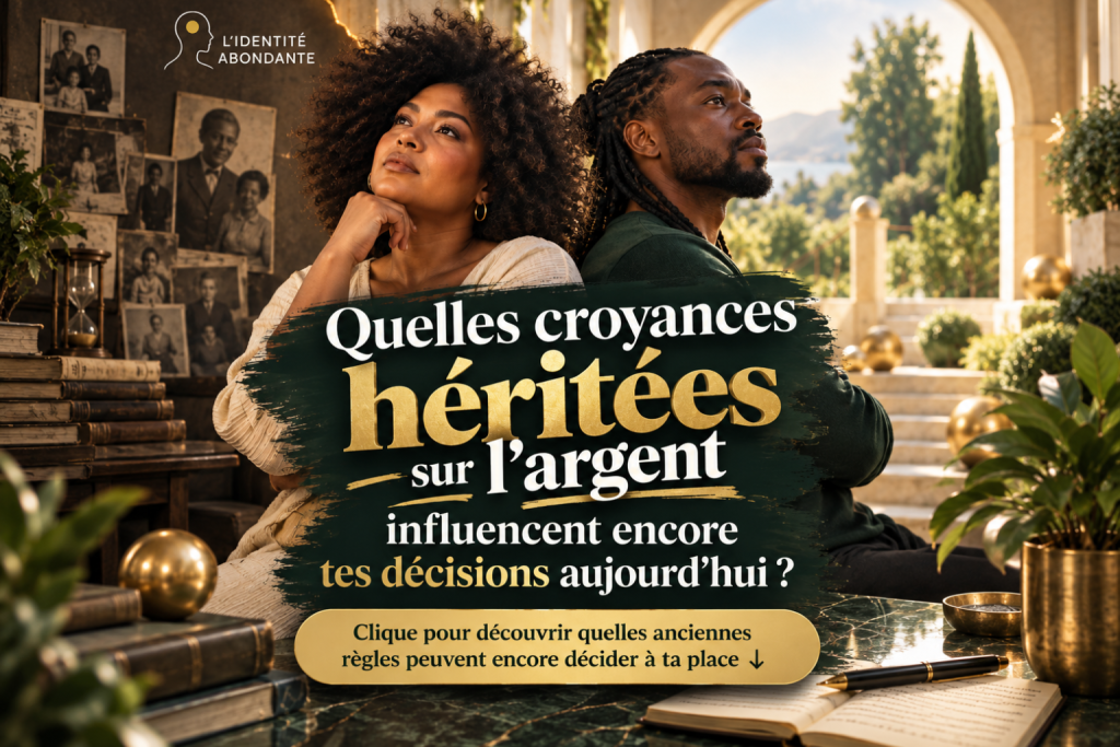 Femme et homme noirs adultes dans une demeure méditerranéenne entourés de portraits familiaux, illustrant les croyances limitantes sur l’argent héritées de la famille et leur influence sur les décisions financières actuelles.