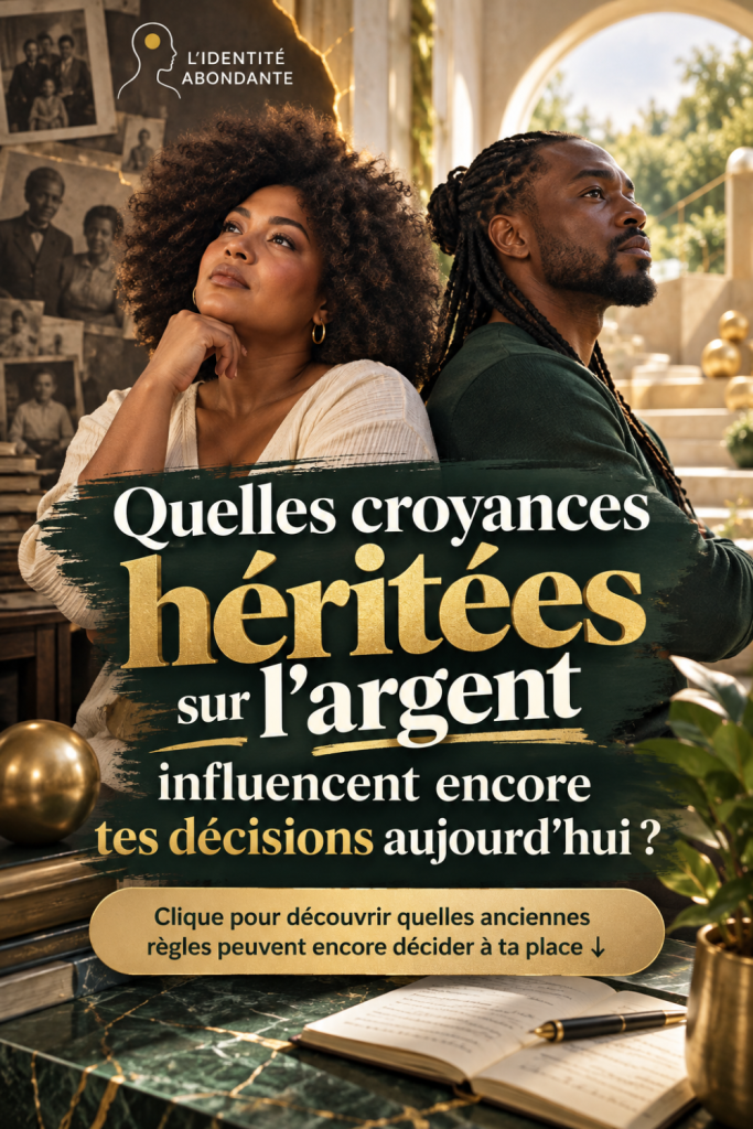 Femme et homme noirs adultes assis dos à dos dans un intérieur familial lumineux, entourés d’anciennes photographies de famille, illustrant les croyances héritées sur l’argent qui peuvent encore influencer les décisions financières.