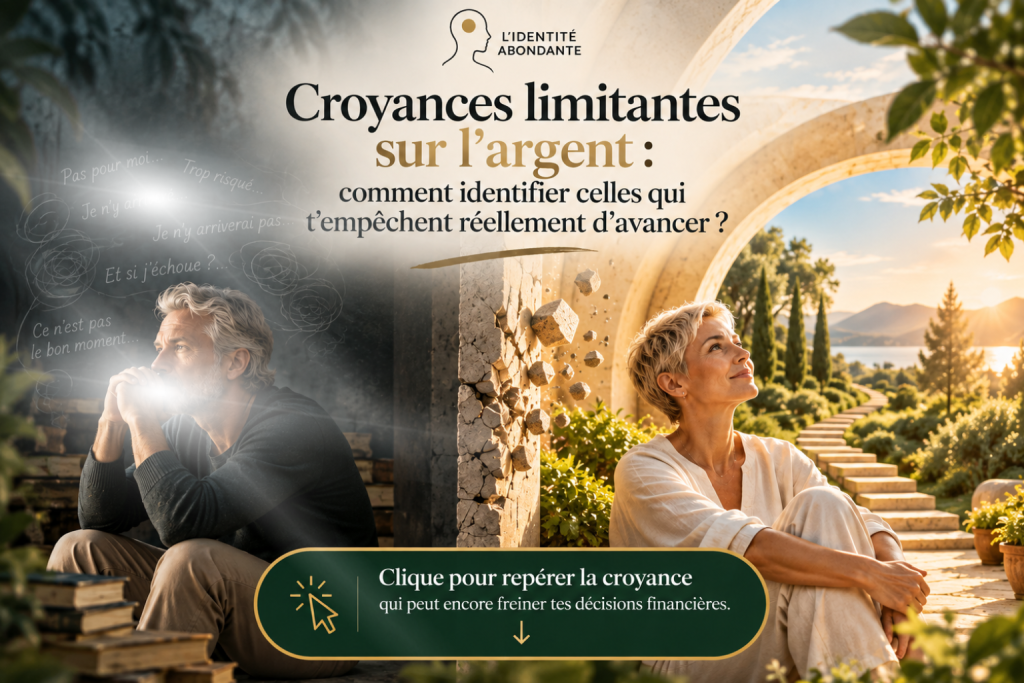 Illustration sur les croyances limitantes sur l’argent montrant, à gauche, un homme mature assis dans un environnement sombre entouré de pensées de doute et de peur, et, à droite, une femme mature dans un paysage méditerranéen lumineux, séparés par un mur qui se désagrège. L’image symbolise le passage de croyances financières qui freinent les décisions vers leur identification et une relation à l’argent plus consciente.