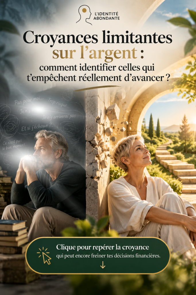 Un homme et une femme assis dans un environnement sombre entouré de pensées comme « Pas pour moi », « Trop risqué », « Je n’y arriverai pas » et « Et si j’échoue ? », séparé par un mur qui se fissure d’une femme mature assise dans un espace lumineux ouvert sur un chemin. L’image illustre comment des croyances limitantes sur l’argent peuvent alimenter le doute, la peur du risque et l’hésitation avant une décision financière, tandis que leur identification peut aider à prendre conscience de ces blocages et à envisager une réponse différente.