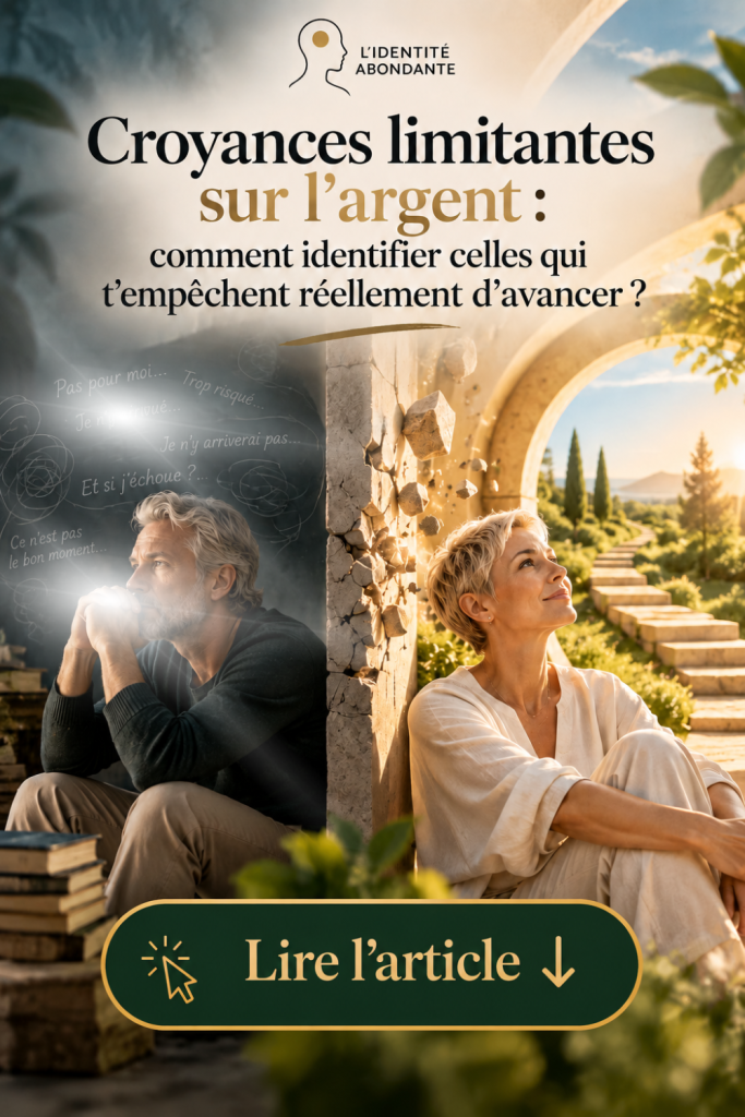 Un homme mature assis dans un environnement sombre entouré de pensées comme « Pas pour moi », « Trop risqué », « Je n’y arriverai pas » et « Et si j’échoue ? », séparé par un mur qui se fissure d’une femme mature assise dans un espace lumineux ouvert sur un chemin. L’image illustre comment des croyances limitantes sur l’argent peuvent alimenter le doute, la peur du risque et l’hésitation avant une décision financière, tandis que leur identification peut aider à prendre conscience de ces blocages et à envisager une réponse différente.