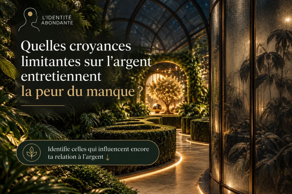 Serre intérieure végétale, sombre et lumineuse, avec un chemin doré entre des plantes vertes, symbolisant les croyances limitantes sur l’argent qui entretiennent la peur du manque et influencent encore la relation à l’argent.