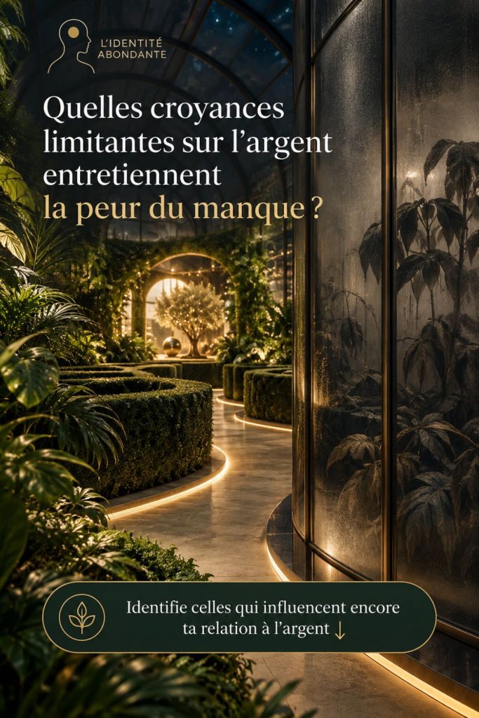 Serre végétale sombre et lumineuse avec un chemin doré entre des plantes vertes, illustrant les croyances limitantes sur l’argent et la peur du manque.