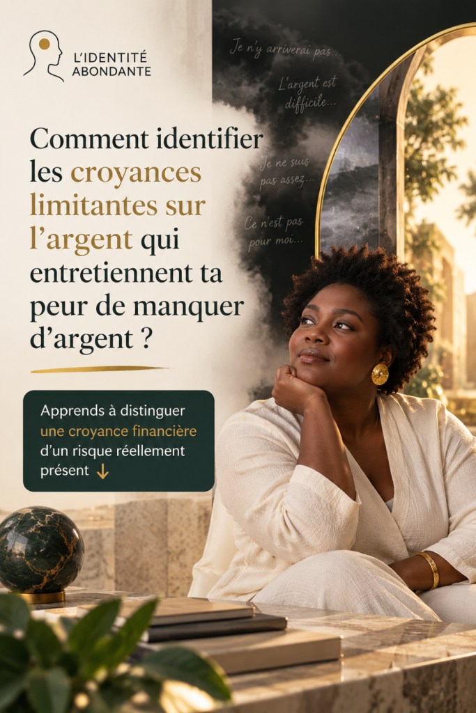 Femme noire assise dans un intérieur lumineux face à un miroir, illustrant les croyances limitantes sur l’argent, la peur de manquer et les pensées financières négatives.