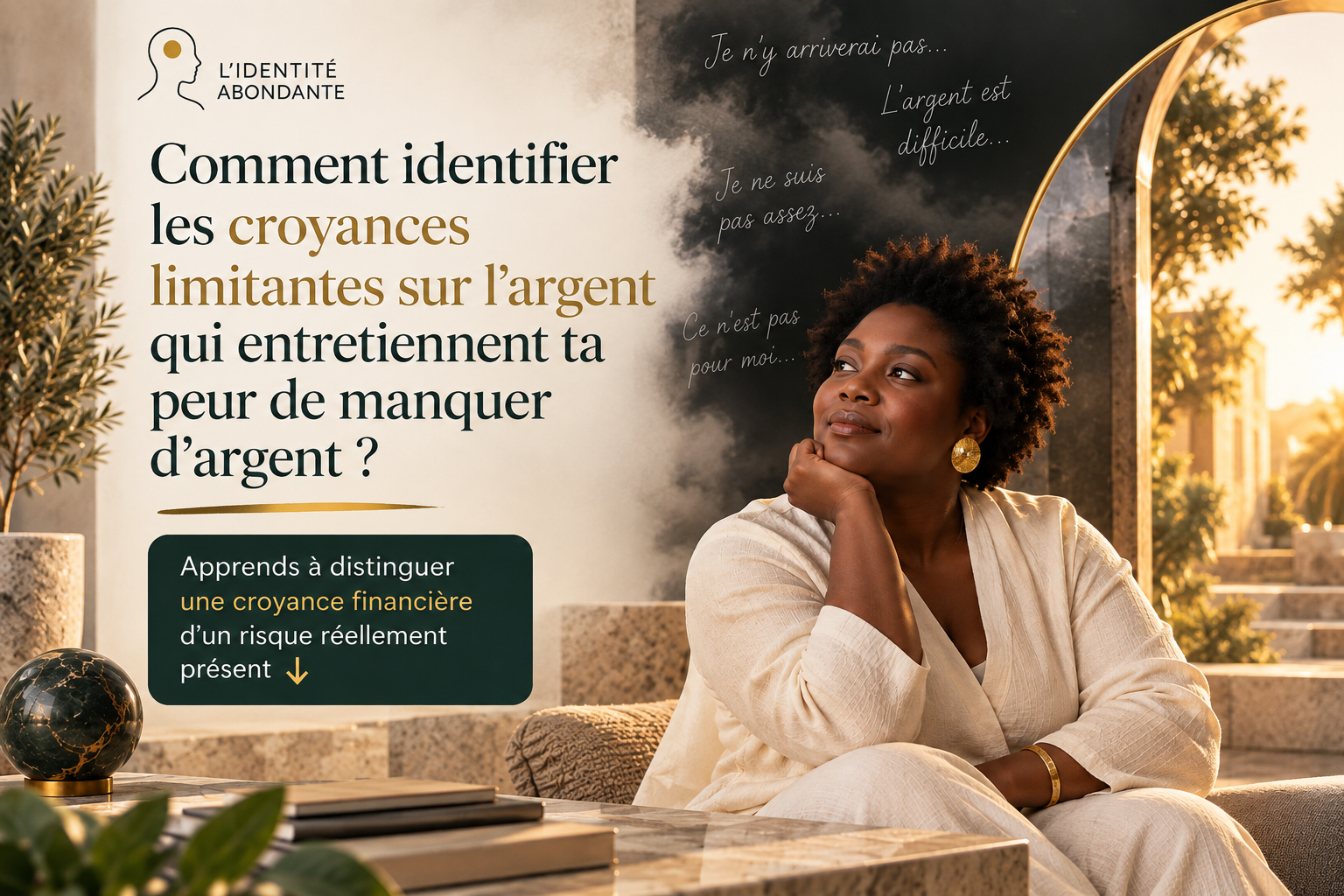 Femme noire mature assise dans un intérieur lumineux, le regard pensif tourné vers l’extérieur tandis que des pensées comme « Je n’y arriverai pas » et « L’argent est difficile » apparaissent derrière elle, illustrant les croyances limitantes sur l’argent qui peuvent entretenir la peur de manquer.