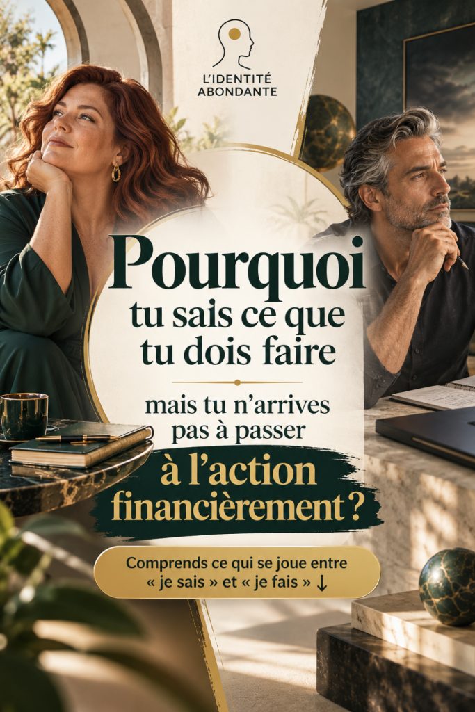 Deux adultes en réflexion dans un intérieur élégant, illustrant le décalage entre savoir quelle décision financière prendre et ne pas réussir à passer à l’action.