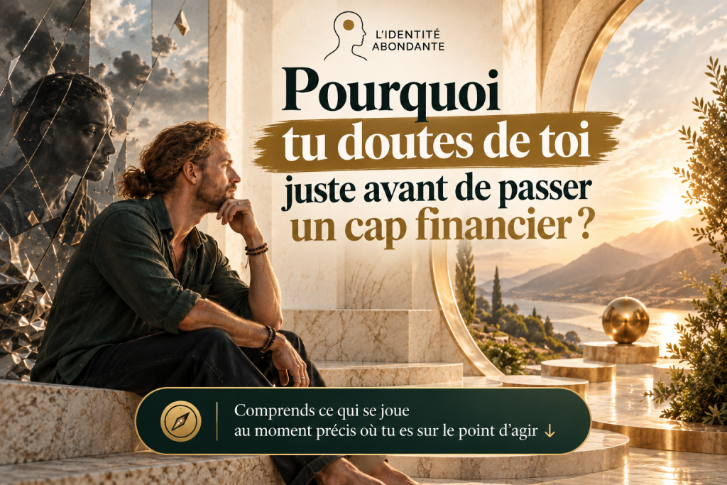 Homme assis et pensif devant un passage lumineux, tandis qu’une représentation sombre de lui-même apparaît dans un décor fragmenté derrière lui, illustrant le doute de soi, la remise en question et l’hésitation qui peuvent surgir juste avant de passer à l’action et de franchir un cap financier.