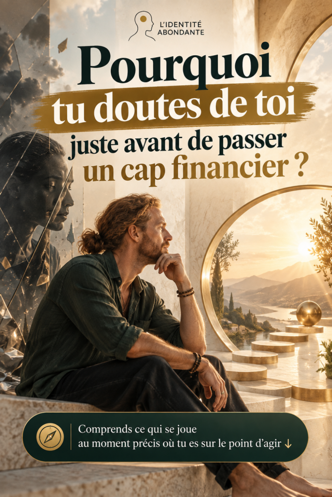 Homme roux aux cheveux longs, 30–40 ans, cheveux attachés bas, Artistique, atypique assis pensivement devant un passage lumineux, avec son reflet plus sombre derrière lui, illustrant le doute, la remise en question et le conflit intérieur qui peuvent apparaître juste avant de passer un cap financier.