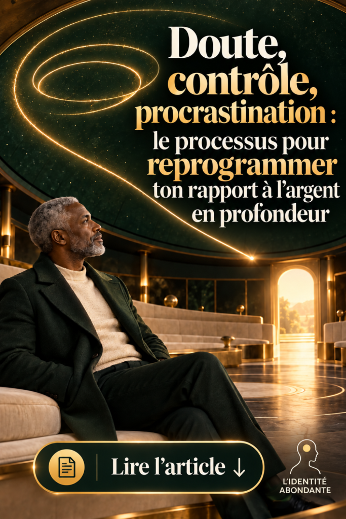 Homme mature assis dans un espace vert profond et doré, observant une trajectoire lumineuse en spirale qui se déploie au-dessus de lui, avec le titre « Doute, contrôle, procrastination : le processus pour reprogrammer ton rapport à l’argent en profondeur » et un appel à lire l’article. Le visuel symbolise le chemin intérieur entre doute, besoin de contrôle, procrastination financière et transformation progressive de la relation à l’argent.