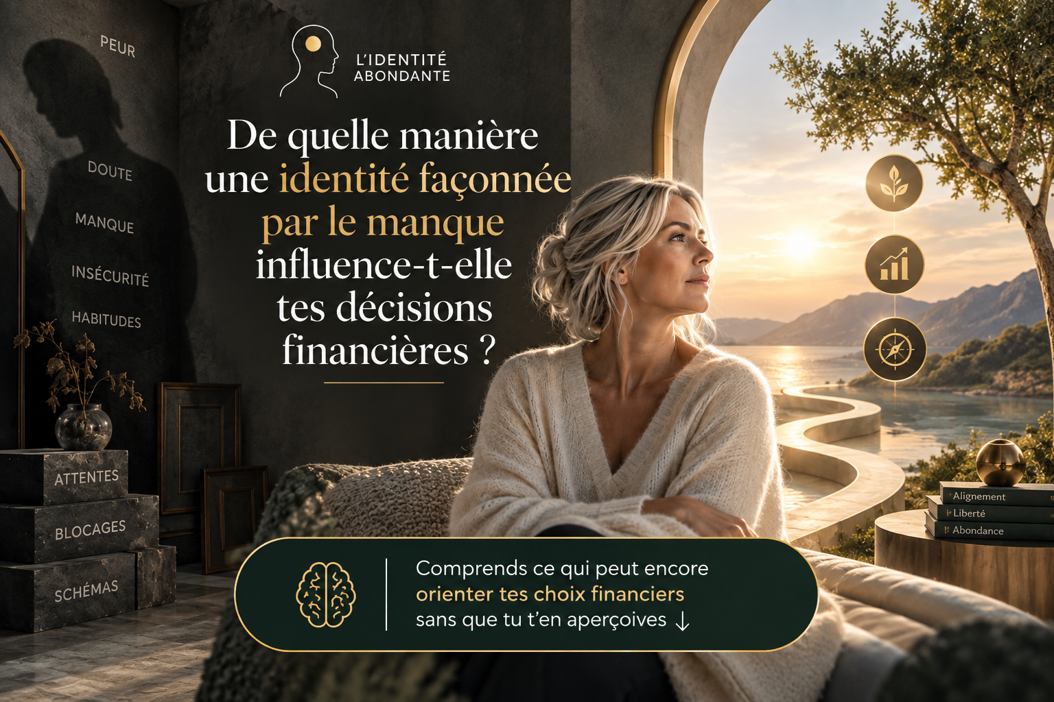 Femme entre un espace sombre évoquant la peur et le manque et un paysage lumineux, illustrant l’influence de l’identité sur les décisions financières.