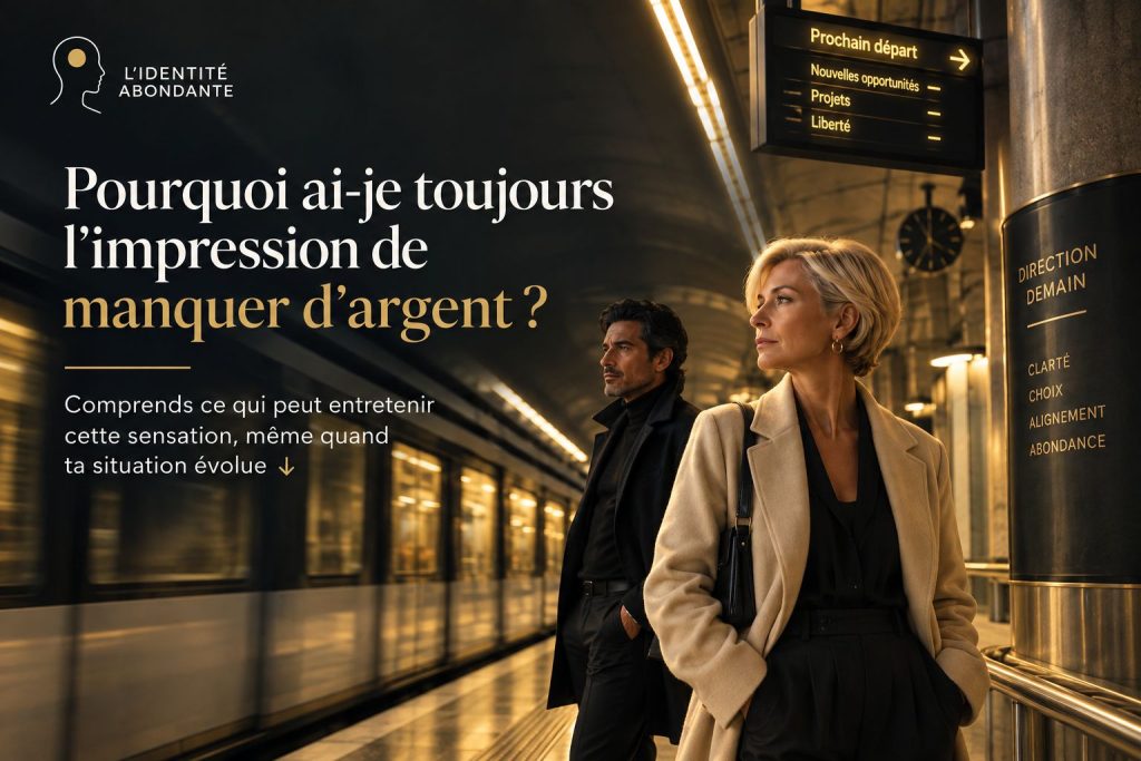 Femme blonde mature et homme brun mature sur le quai d’une gare, face à un panneau évoquant de nouvelles opportunités, illustrant la sensation de manquer d’argent.