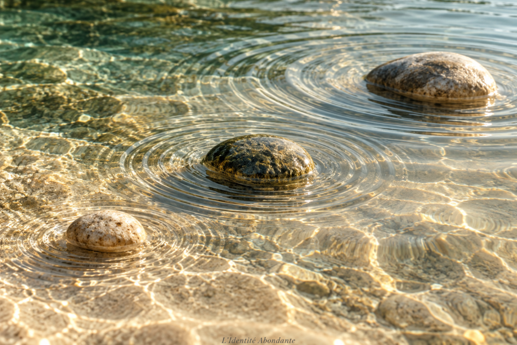 Trois galets naturels posés dans une eau peu profonde et transparente, entourés d’ondes concentriques à différents stades de propagation, représentant l’impulsion, l’espace avant la décision et le retour lors de l’intégration d’une nouvelle habitude financière.