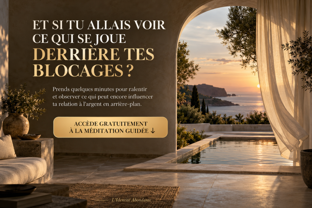 Invitation à accéder à une méditation guidée offerte pour observer les blocages et croyances liés à l’argent.