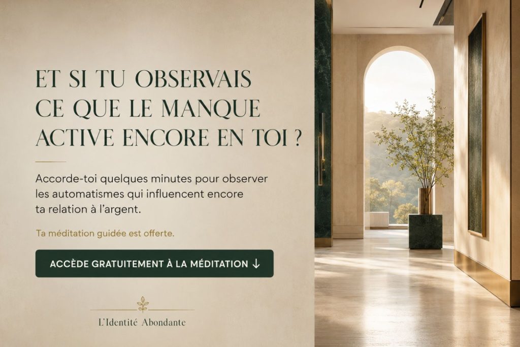 Invitation à accéder à une méditation guidée offerte pour observer les automatismes liés au manque et à la relation à l’argent.