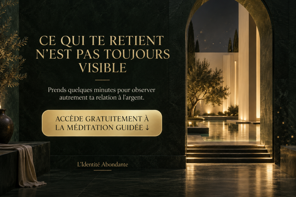 Invitation à accéder gratuitement à une méditation guidée pour observer sa relation à l’argent et ses blocages financiers.