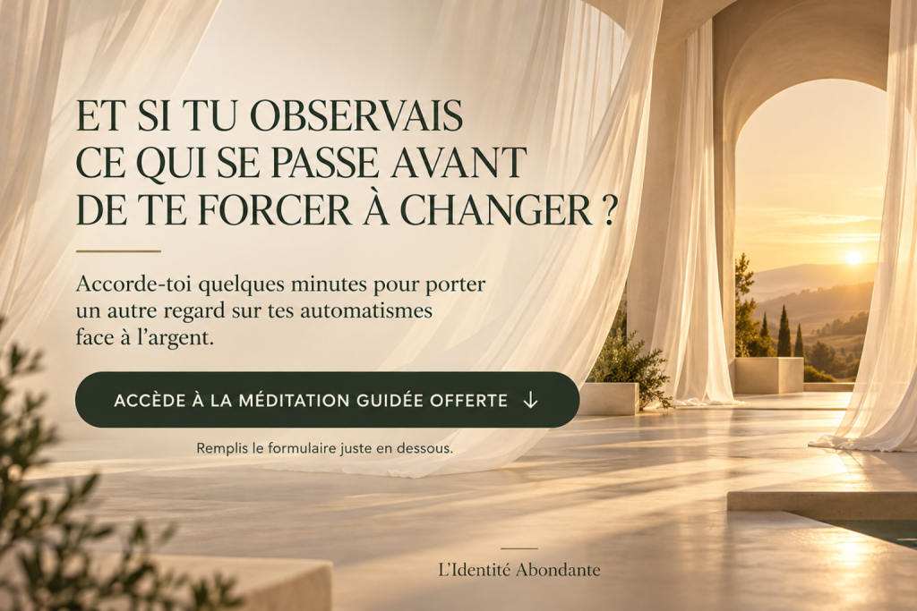 Invitation à accéder à une méditation guidée offerte pour observer autrement sa relation à l’argent.
