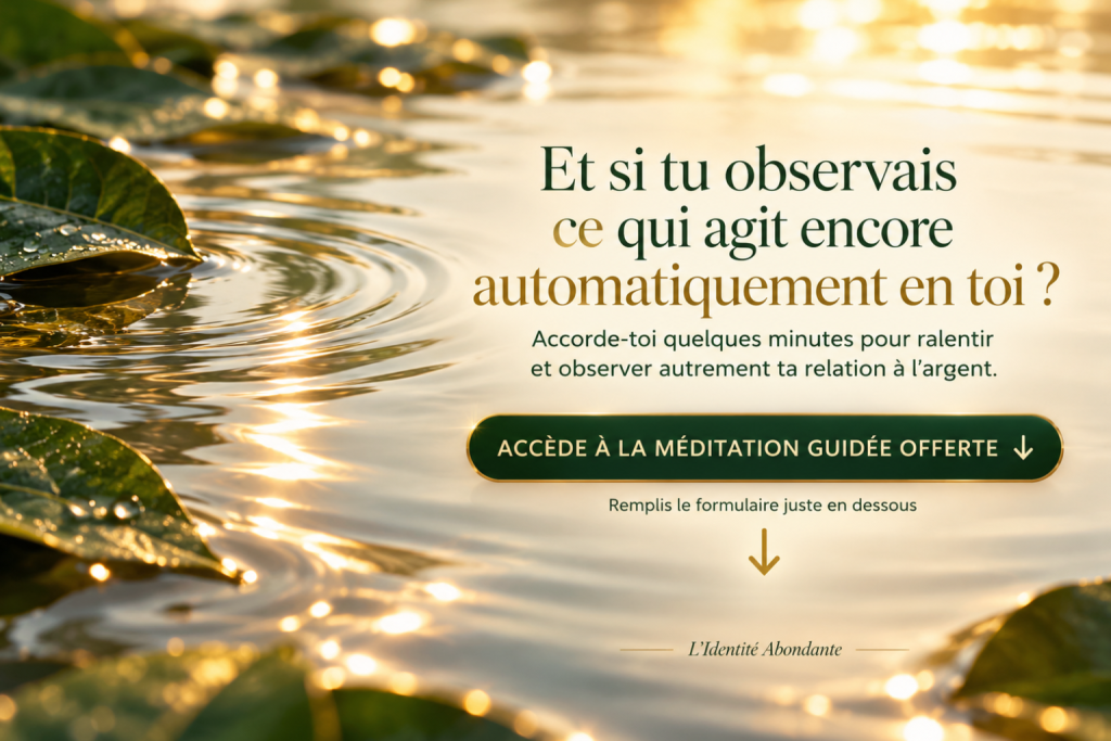Surface d’eau calme aux ondulations qui s’apaisent, bordée de quelques feuilles vert profond sous une lumière chaude, avec une invitation à accéder à la méditation guidée offerte pour observer ses automatismes et son rapport à l’argent.