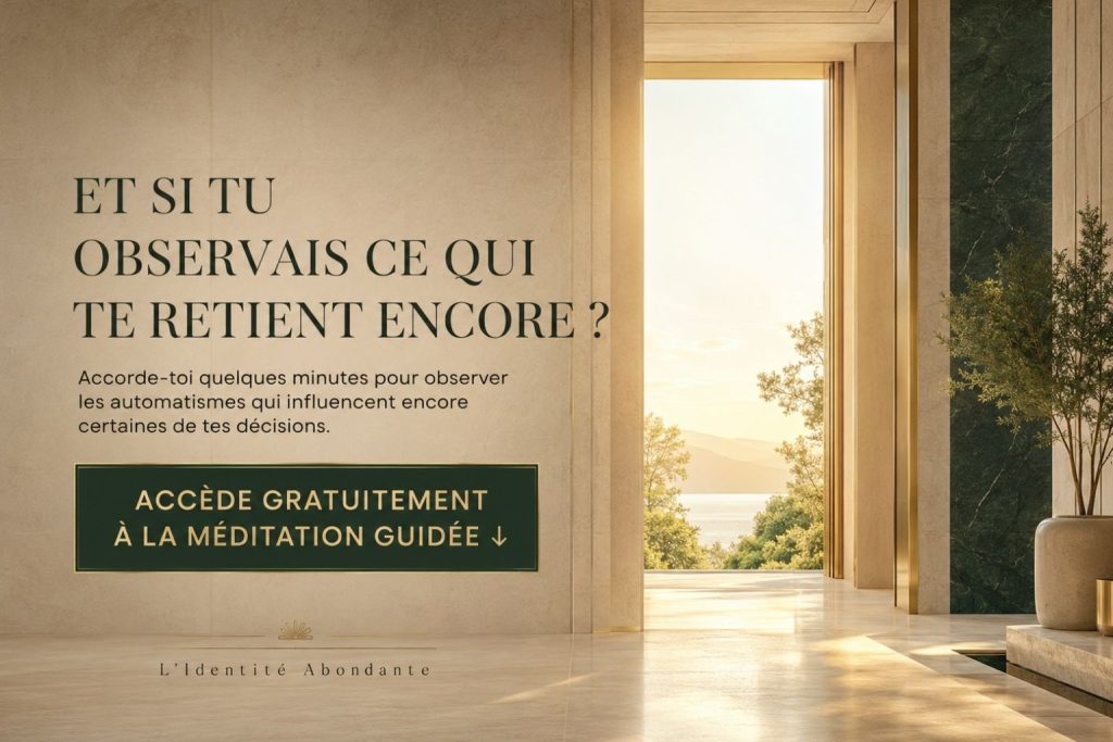 Invitation à accéder gratuitement à une méditation guidée pour observer les automatismes liés à l’argent et aux décisions.