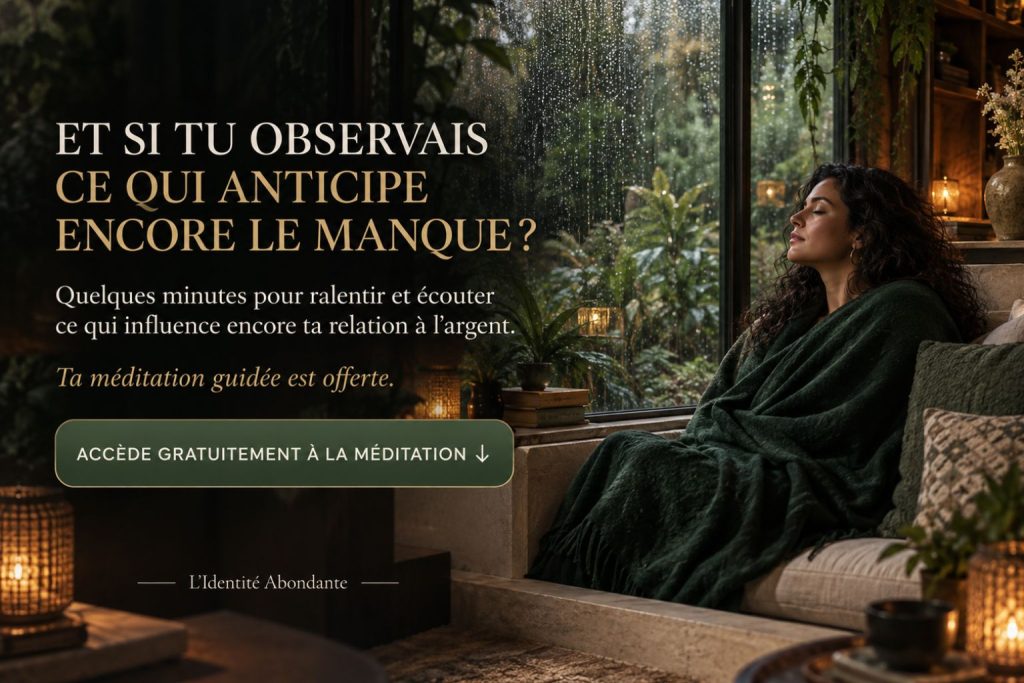 Femme dans un moment de calme avant une méditation guidée offerte sur la relation à l’argent.