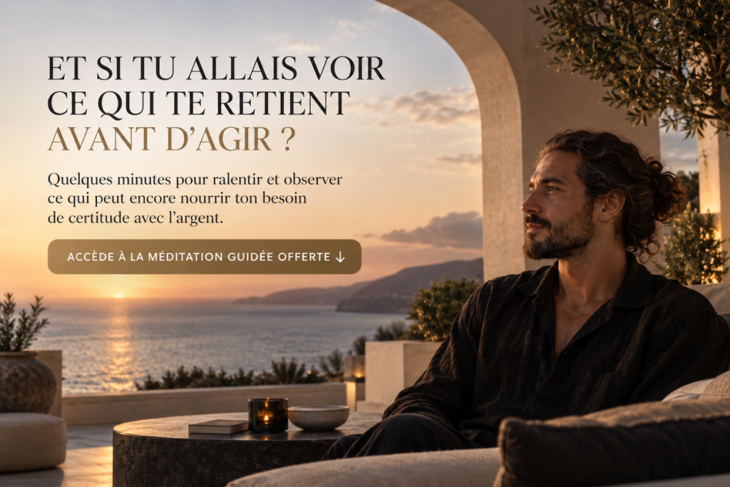 Homme méditerranéen aux cheveux longs attachés, assis sur une terrasse contemporaine au crépuscule, dans une posture calme et introspective face à une ouverture lumineuse, illustrant le besoin de ralentir et d’observer ce qui peut nourrir la recherche de certitude avec l’argent.