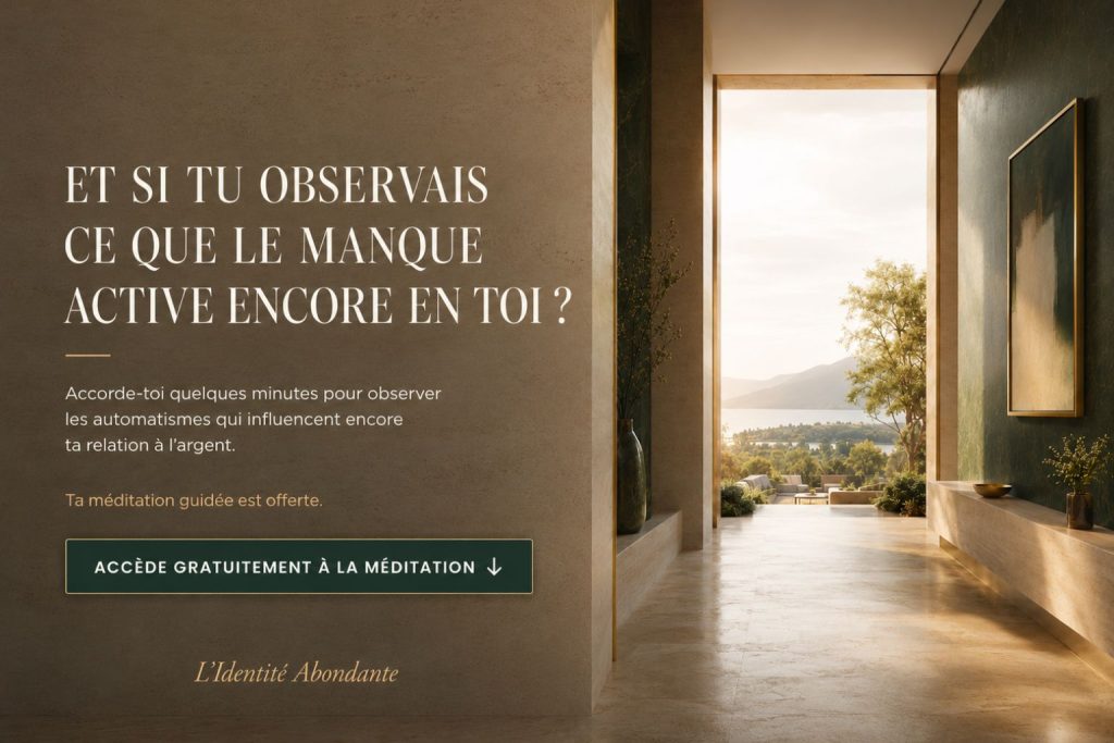 Invitation à accéder à une méditation guidée offerte pour observer les automatismes liés au manque et à la relation à l’argent.