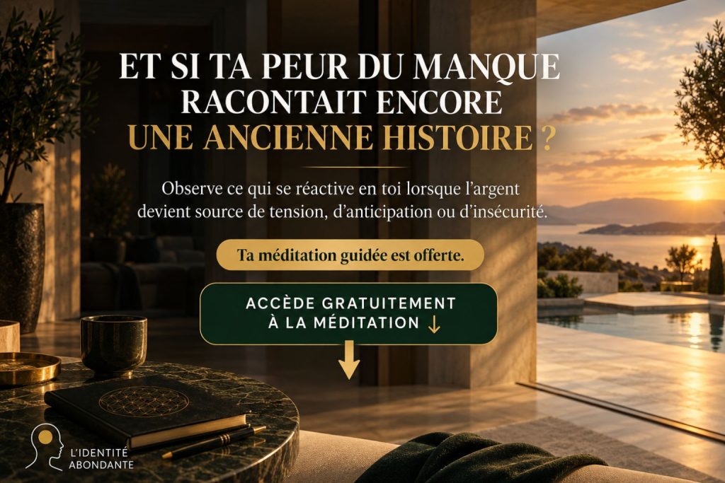 Invitation à accéder gratuitement à une méditation guidée pour observer les mécanismes liés à la peur du manque et à la relation à l’argent.