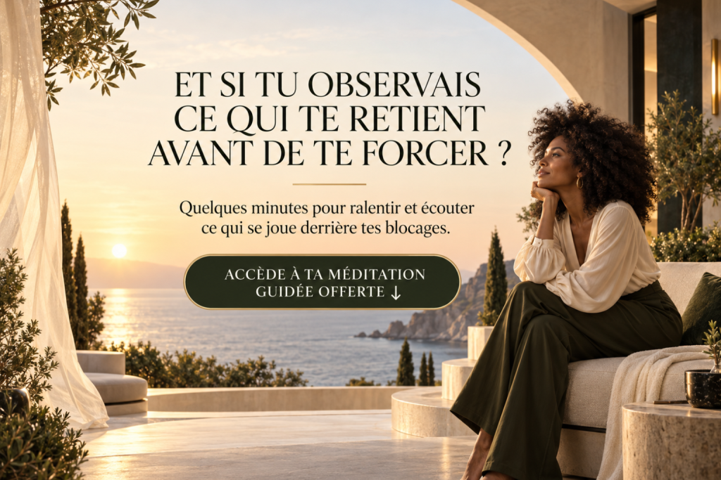 Invitation à accéder à une méditation guidée offerte pour observer les blocages liés à la relation à l’argent. Femme métisse entrepreneuse en introspection sur une terrasse méditerranéenne, invitant à une méditation guidée offerte pour observer les blocages liés à la procrastination financière et à la relation à l’argent.