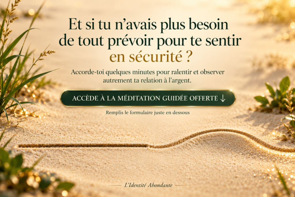 Invitation à accéder à une méditation guidée offerte pour observer autrement sa relation à l’argent et développer davantage de sécurité intérieure.