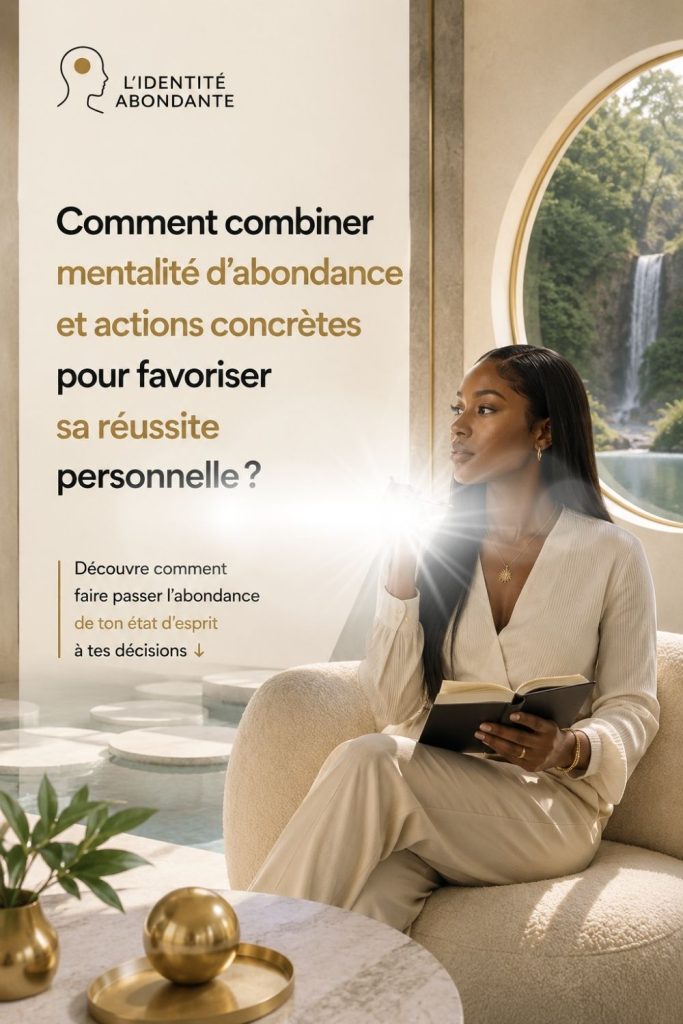 Femme réfléchissant à sa réussite personnelle dans un intérieur lumineux, illustration d’un article sur la mentalité d’abondance et les actions concrètes.