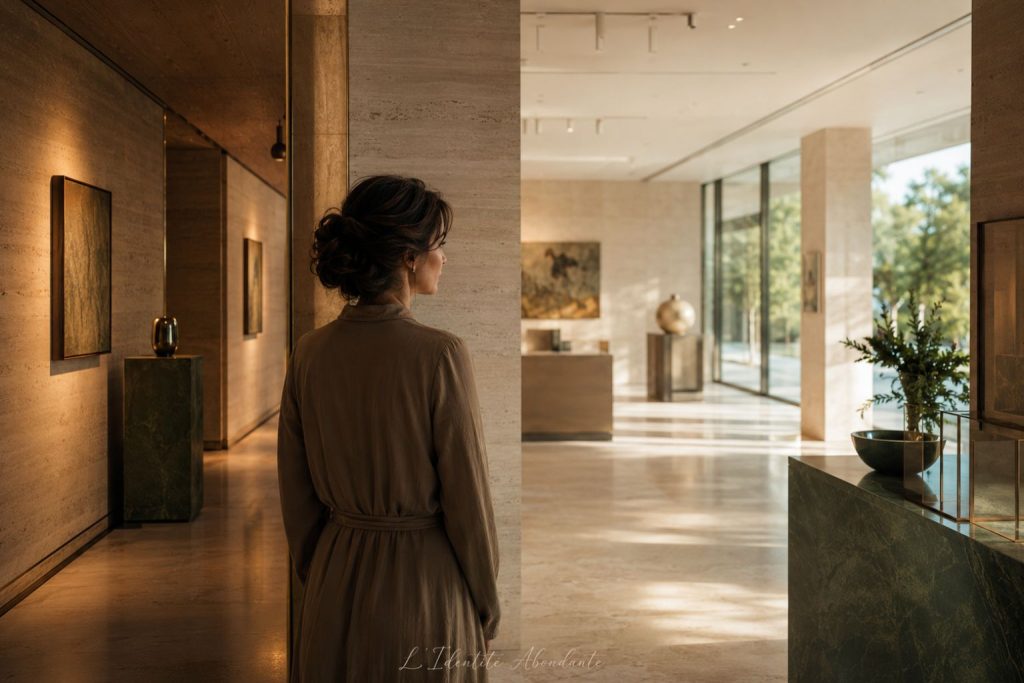 Femme observant le passage entre une mentalité de manque familière et de nouvelles possibilités associées à une mentalité d’abondance.