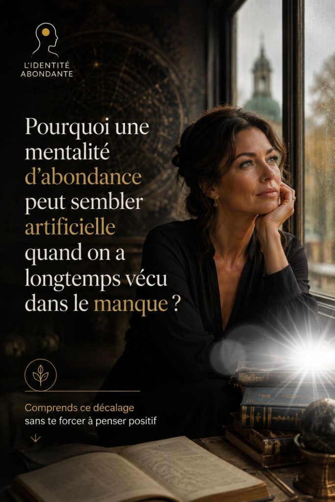 Femme contemplative illustrant le décalage entre mentalité d’abondance et peur du manque dans la relation à l’argent.