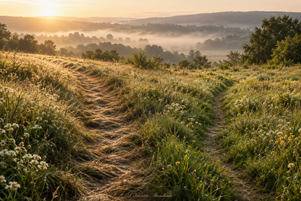 Prairie naturelle traversée par deux chemins dans l’herbe, un ancien sentier très marqué qui s’estompe et une nouvelle voie plus fine qui apparaît progressivement, symbolisant le passage d’anciens automatismes à une nouvelle habitude financière.