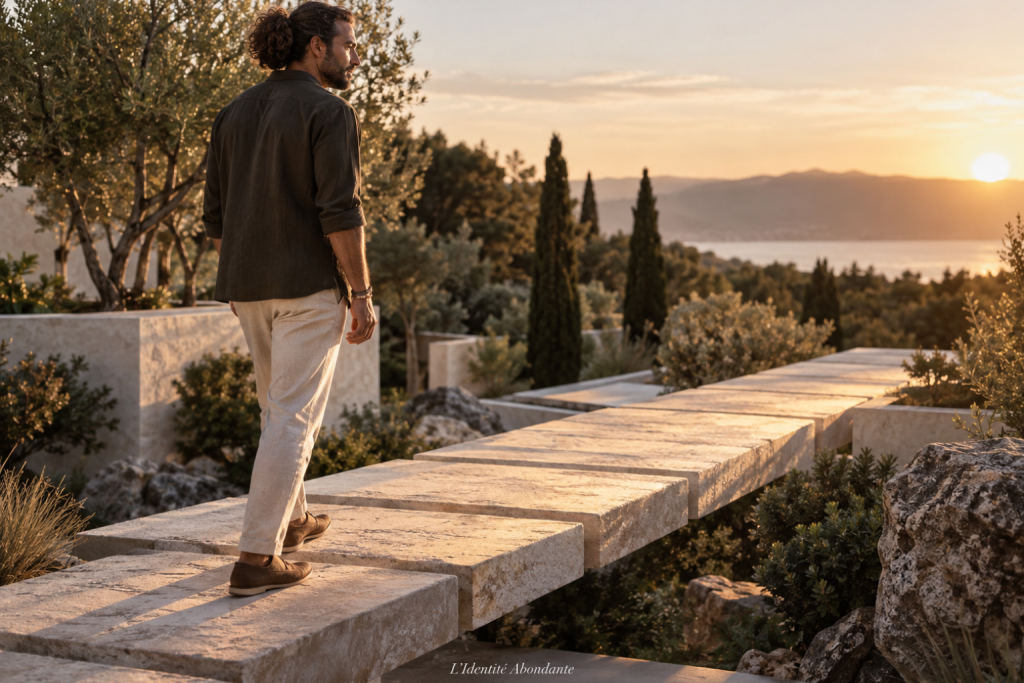 Homme méditerranéen aux cheveux longs attachés faisant un premier pas sur une passerelle dont la destination reste partiellement invisible, symbole du passage à l’action malgré le doute et l’incertitude financière.