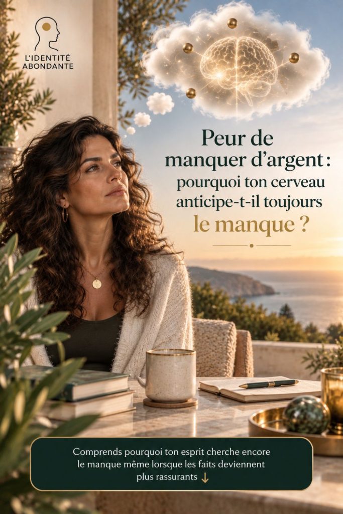 Peur de manquer d’argent : illustration d’une femme réfléchissant à la façon dont le cerveau anticipe encore le manque malgré une situation plus rassurante.