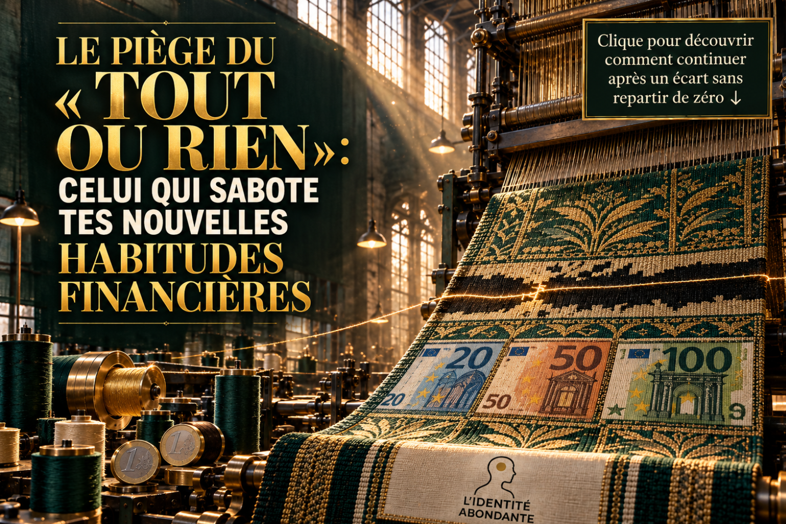 Illustration du piège du tout ou rien dans les habitudes financières : un métier à tisser produit une trame interrompue puis reprise, symbolisant un écart qui ne remet pas à zéro les progrès dans sa relation à l’argent.