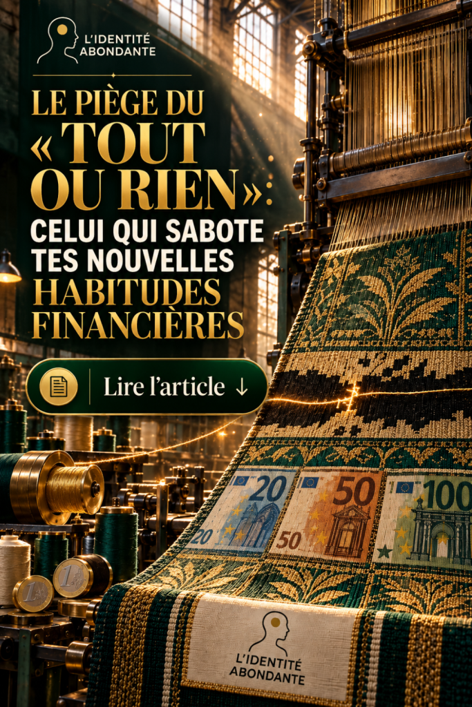 Illustration du piège du tout ou rien dans les habitudes financières : un métier à tisser transforme progressivement des fils en tissu décoré de billets, métaphore d’une nouvelle habitude avec l’argent qui se construit dans la continuité plutôt que dans la perfection.