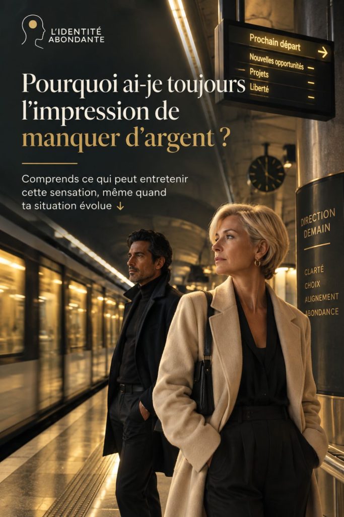 Femme blonde et homme dans une station de métro, regardant vers un panneau indiquant de nouvelles opportunités, des projets et la liberté, pour illustrer la sensation de manque malgré une situation qui évolue.
