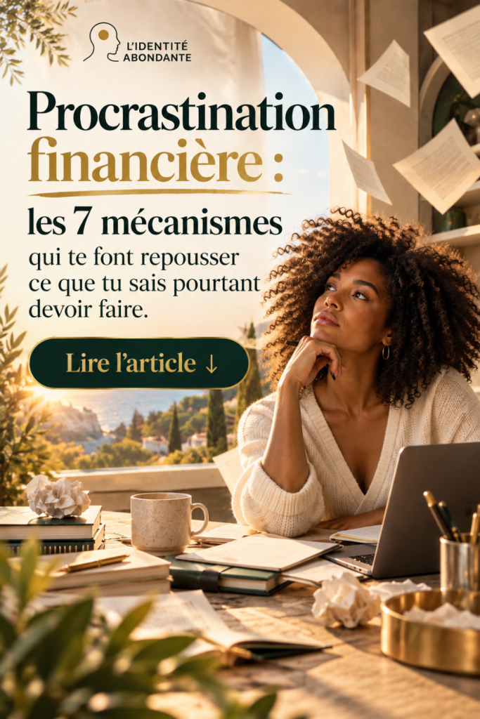 Femme métisse entrepreneuse assise devant son ordinateur et ses documents, le regard pensif tandis que des feuilles semblent s’accumuler autour d’elle, illustrant la procrastination financière, l’hésitation et les mécanismes psychologiques qui peuvent pousser à repousser une décision liée à l’argent malgré le fait de savoir qu’il faudrait agir.