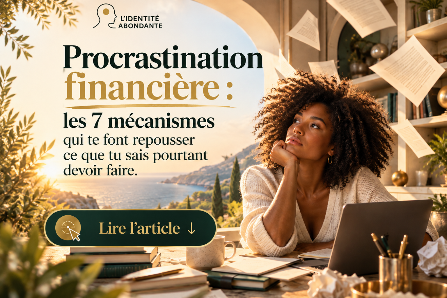 Femme métisse entrepreneuse assise devant son ordinateur, pensive et hésitante face à son travail, illustrant la procrastination financière et les mécanismes psychologiques qui peuvent faire repousser une décision liée à l’argent malgré le fait de savoir qu’il faudrait agir. Le visuel présente le titre « Procrastination financière : les 7 mécanismes qui te font repousser ce que tu sais pourtant devoir faire » et invite à lire l’article.
