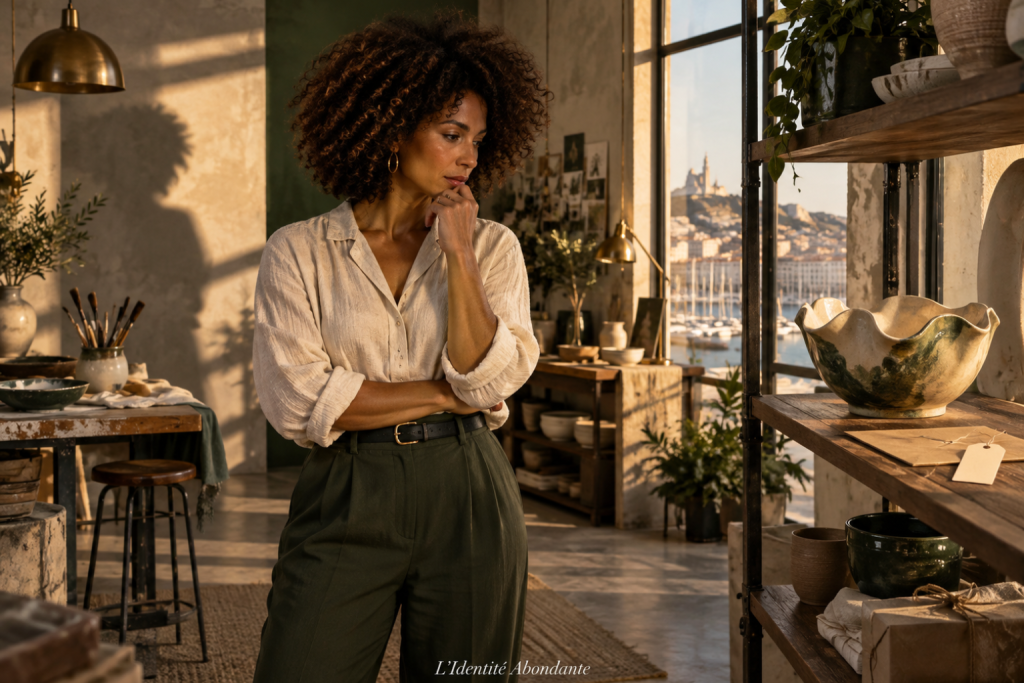 Femme métisse hésitant devant une action simple, illustration de la procrastination financière et de l’inconfort lié au passage à l’action.