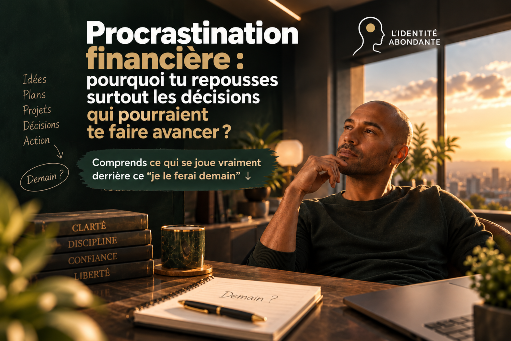 Homme assis à son bureau devant un carnet marqué « Demain ? », illustrant la procrastination financière et le report des décisions qui pourraient faire avancer sa situation professionnelle et financière.