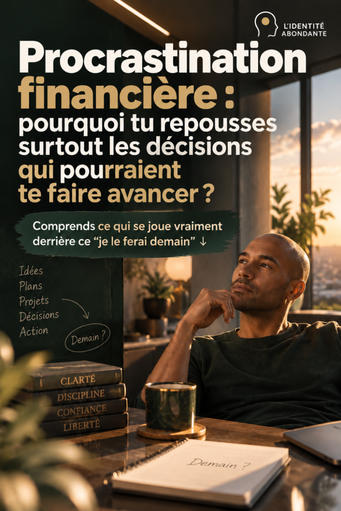Homme assis à son bureau et hésitant devant ses projets, illustration de la procrastination financière et du report de décisions importantes qui pourraient le faire avancer.