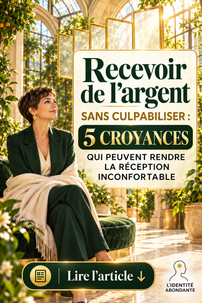 Femme mature assise dans une serre lumineuse entourée de végétation, face au titre « Recevoir de l’argent sans culpabiliser : 5 croyances qui peuvent rendre la réception inconfortable », illustrant les croyances limitantes, la culpabilité et la difficulté à recevoir de l’argent sereinement.